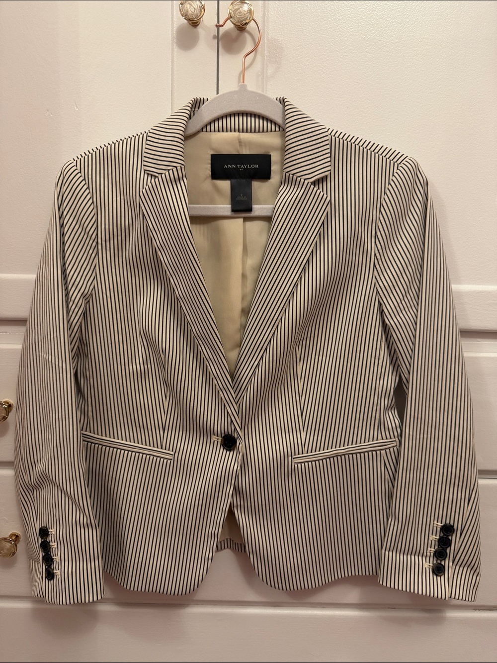 Ann Taylor Cream and Black Pinstripe Tailored Blazer